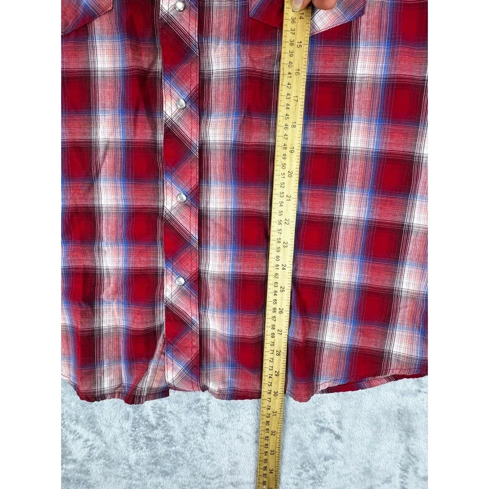 Wrangler Mens Western Shirt XL Red Plaid Pearl Snap Short Sleeve Cotton Blend